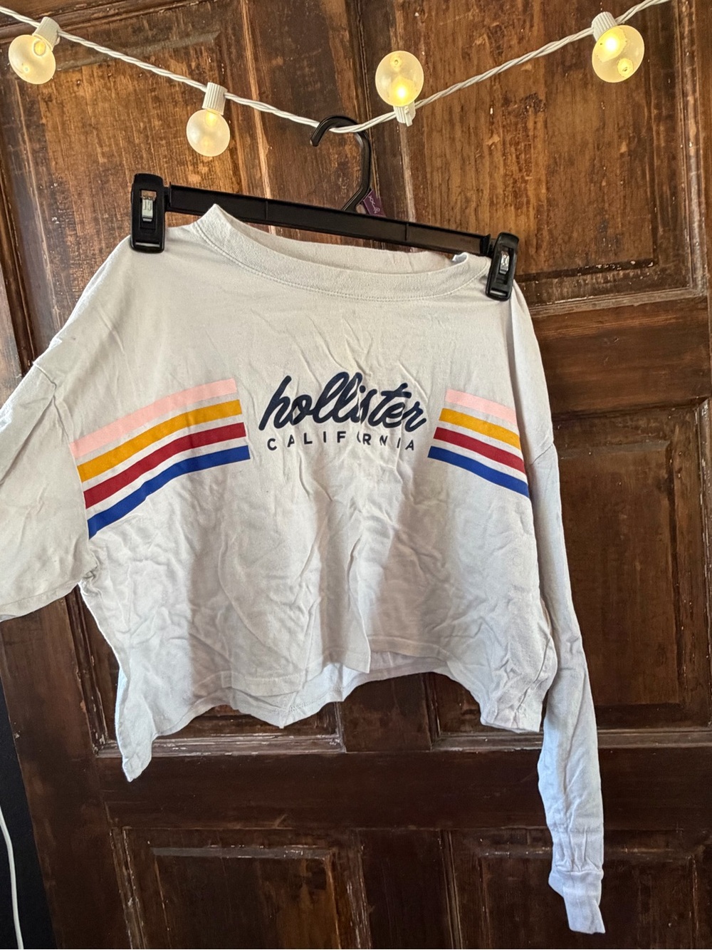 Hollister White Cropped Long-Sleeve Tee with Rainbow Stripe Logo